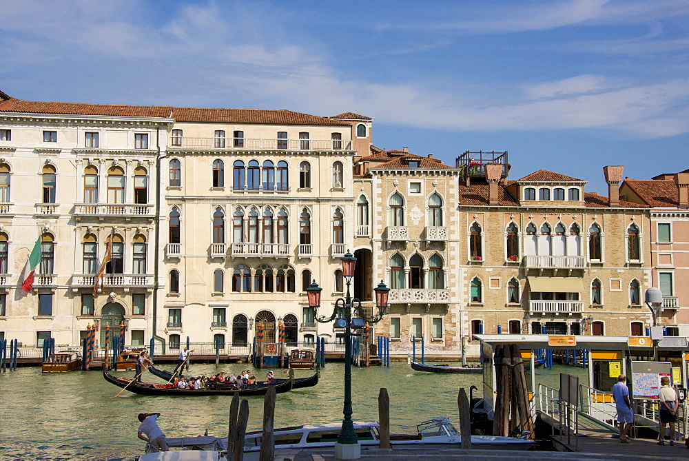 Palaces facades on Grand Canal and gondolas, Venice, UNESCO World Heritage Site, Veneto, Italy, Europe