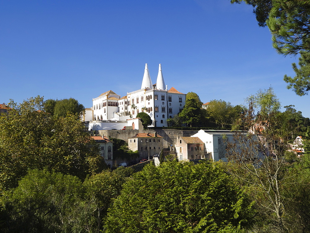 View of the National Palace with its conical towers, Sintra, near Lisbon, Portugal, Europe