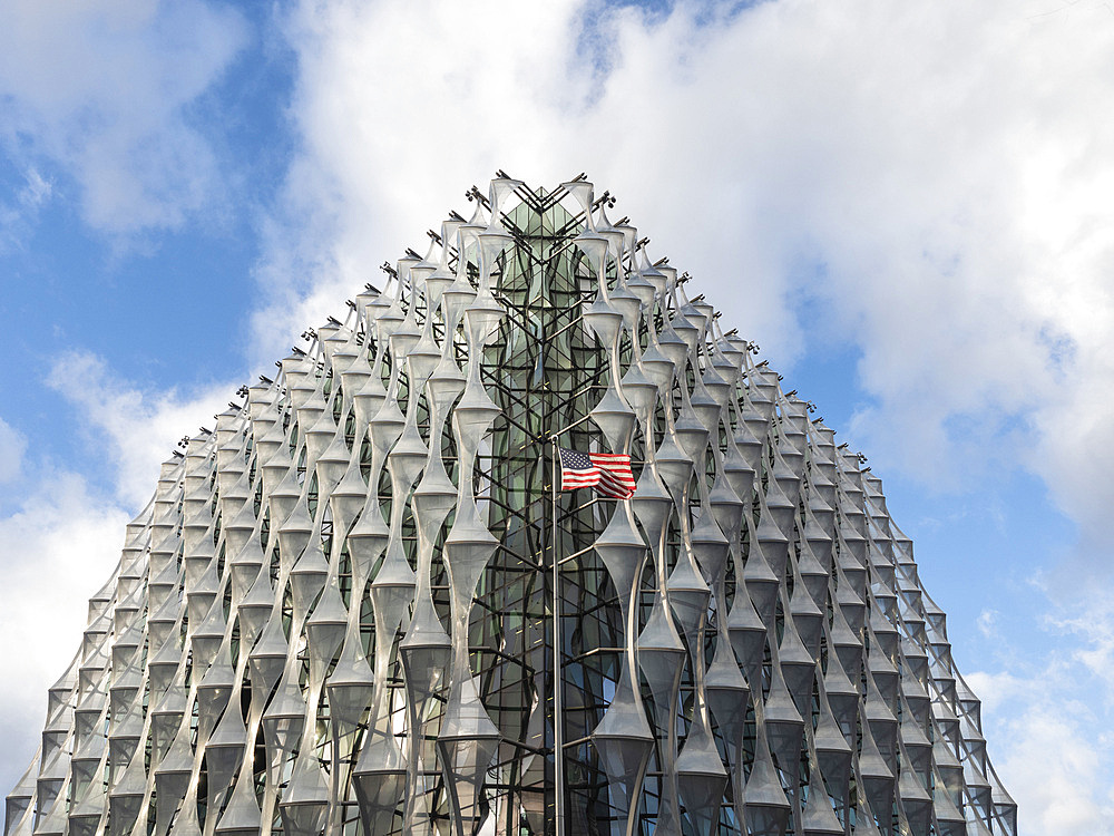 American flag flying outside the U.S. Embassy, Nine Elms, London, England, United Kingdom, Europe