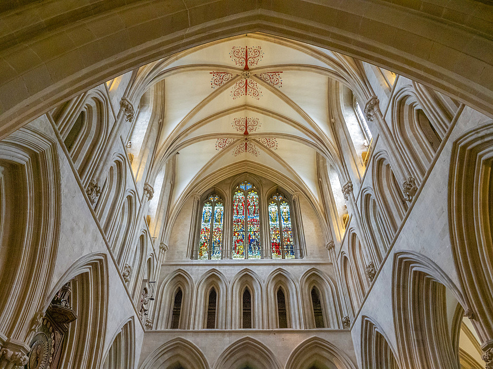 Vaulted ceiling and stained glass windows, Wells Cathedral, Wells, Somerset, England, United Kingdom, Europe