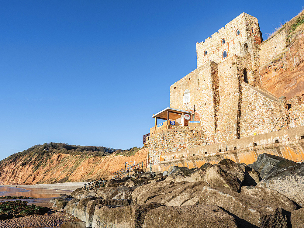 The Clock Tower and cafe, Jacob's Ladder Beach, Sidmouth, Devon, England, United Kingdom, Europe