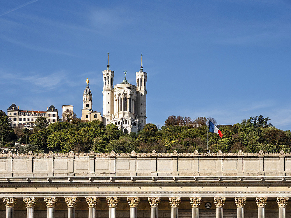 Palais de Justice with the Basilica of Notre Dame de Fourviere on the hill behind, Lyon, Auvergne-Rhone-Alpes, France, Europe