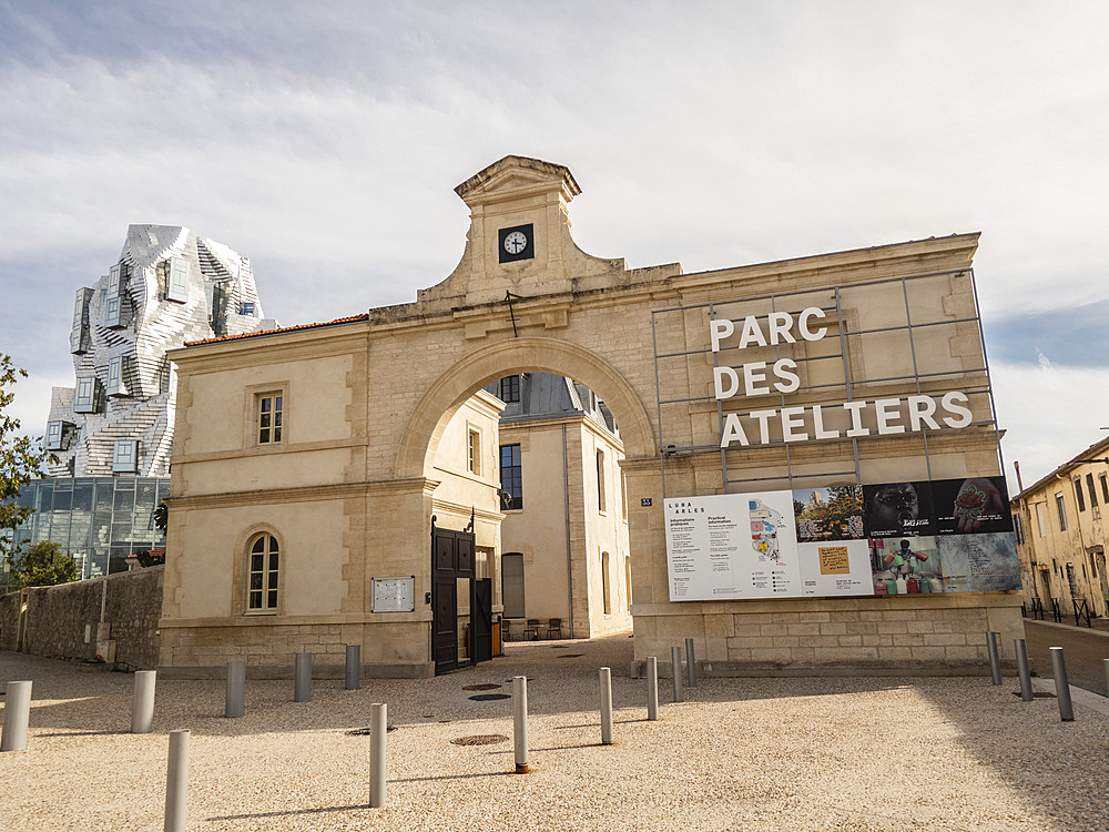 Entrance to Parc Des Ateliers cultural centre with Gehry's LUMA tower behind, Arles, Provence, France, Europe