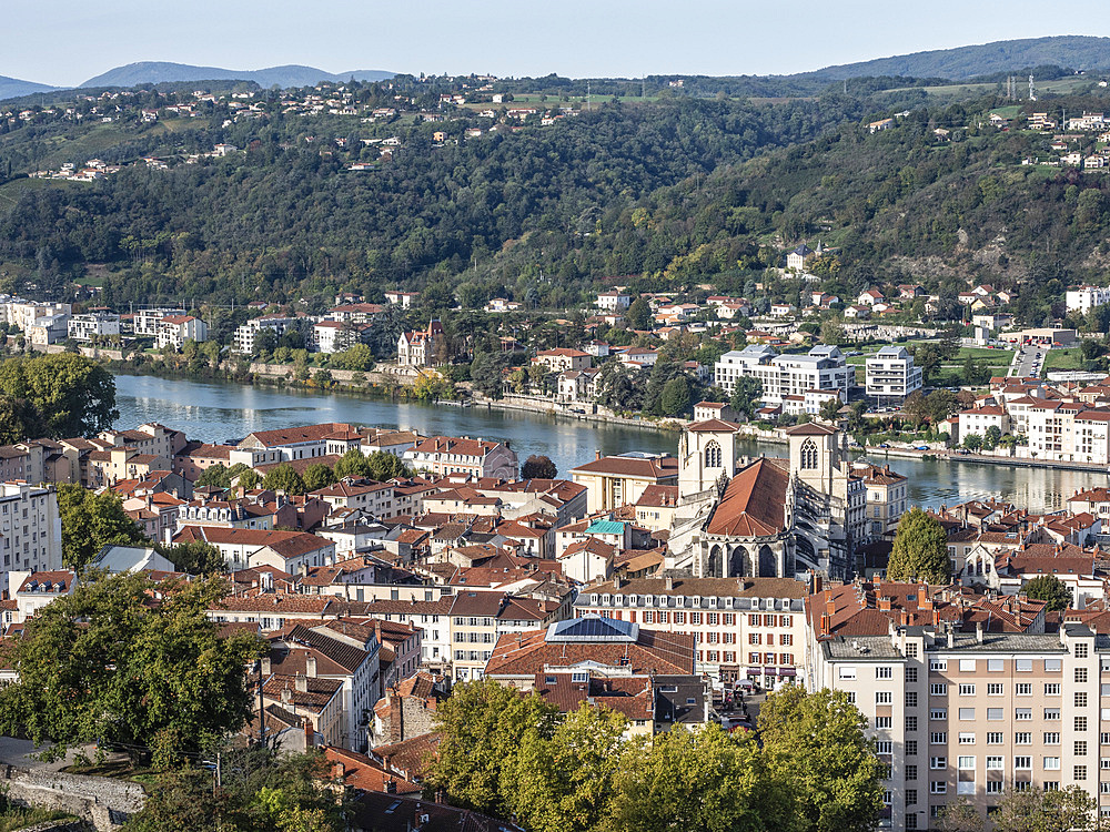 View from Mount Pipet on to the ancient town of Vienne, Isere, Auvergne-Rhone-Alpes, France, Europe