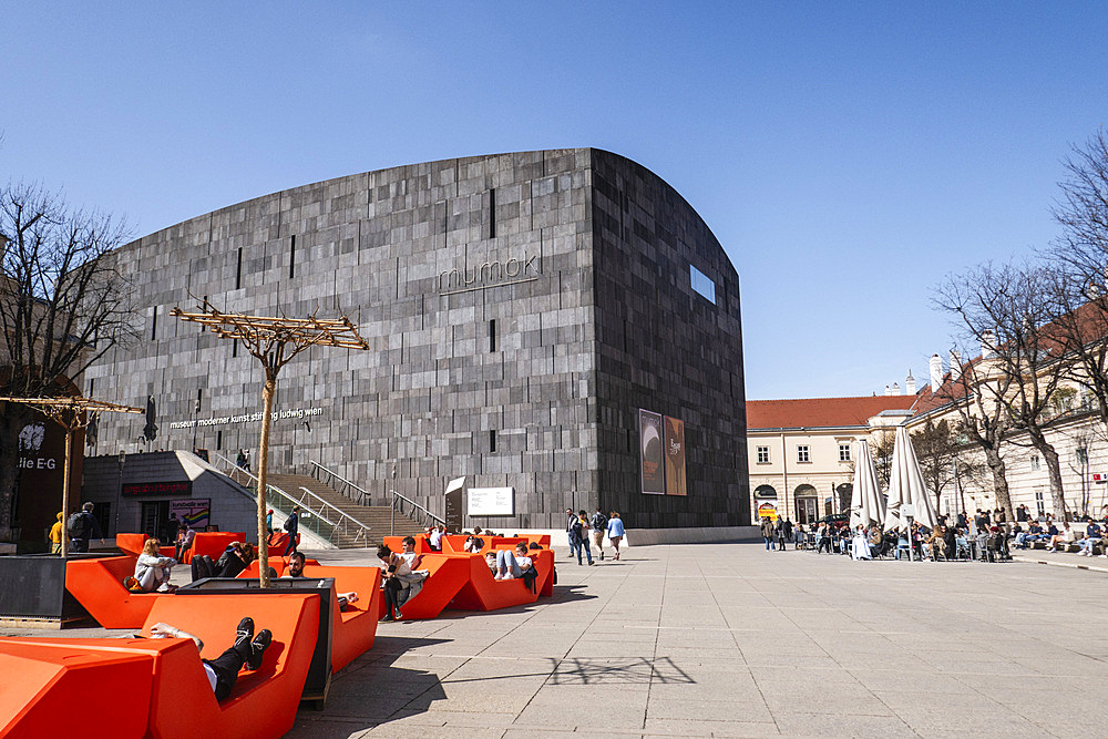 Summer crowds outside the Museum of Modern Art (MUMOK), Museum Quarter, Vienna, Austria, Europe