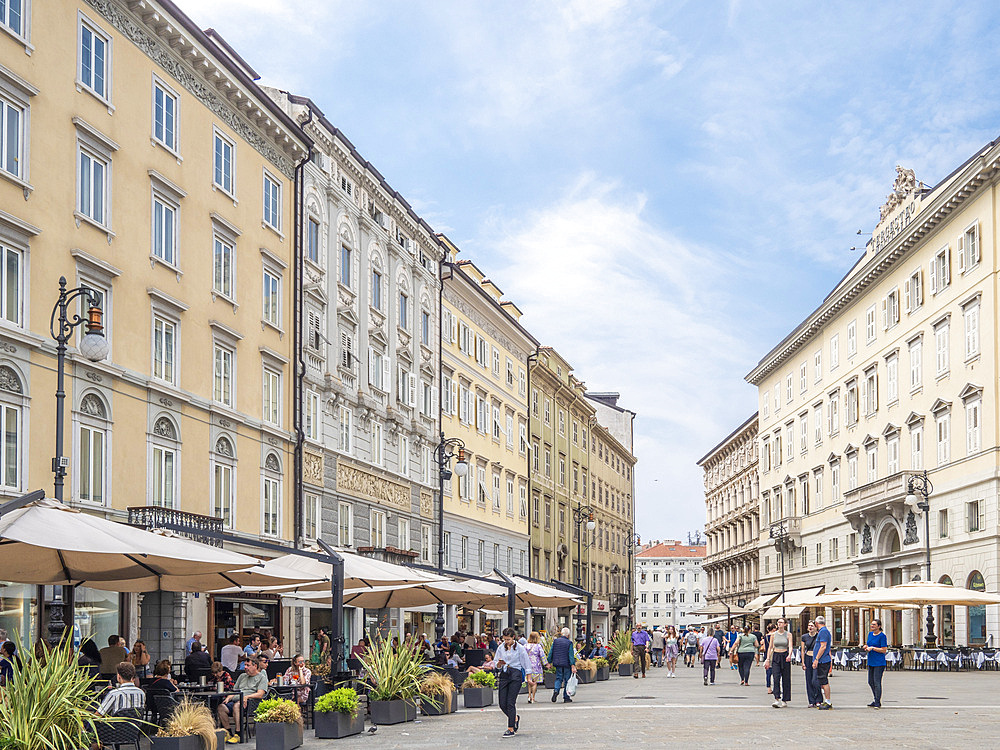 Cafe lined street, Trieste, Friuli Venezia Giulia, Italy, Europe