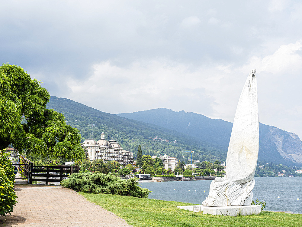 Sailboat statue (La Vela,) on the shoreline at Stresa, Lake Maggiore, Italian Lakes, Piedmont, Italy, Europe