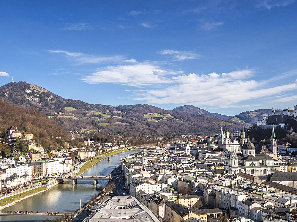 View from Humboldt Terrace towards the River Salzach and the Old Town, UNESCO World Heritage Site, Salzburg, Upper Austria, Austria, Europe