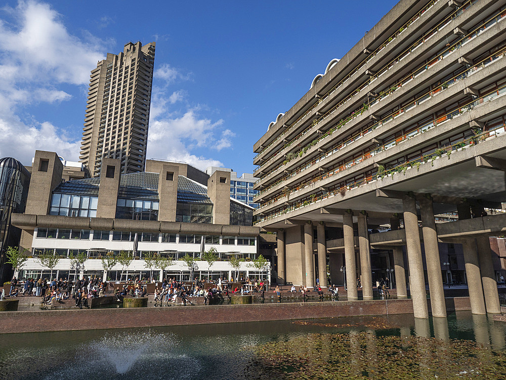 People relaxing on the Lakeside Terrace, Barbican Centre, City of London, London, England, United Kingdom, Europe