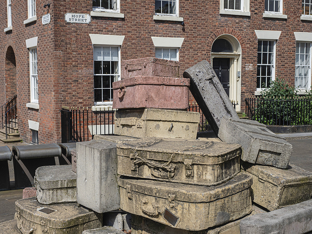 A Case History by John King, a sculpture of coloured concrete suitcases, Hope Street, Liverpool, Merseyside, England, United Kingdom, Europe