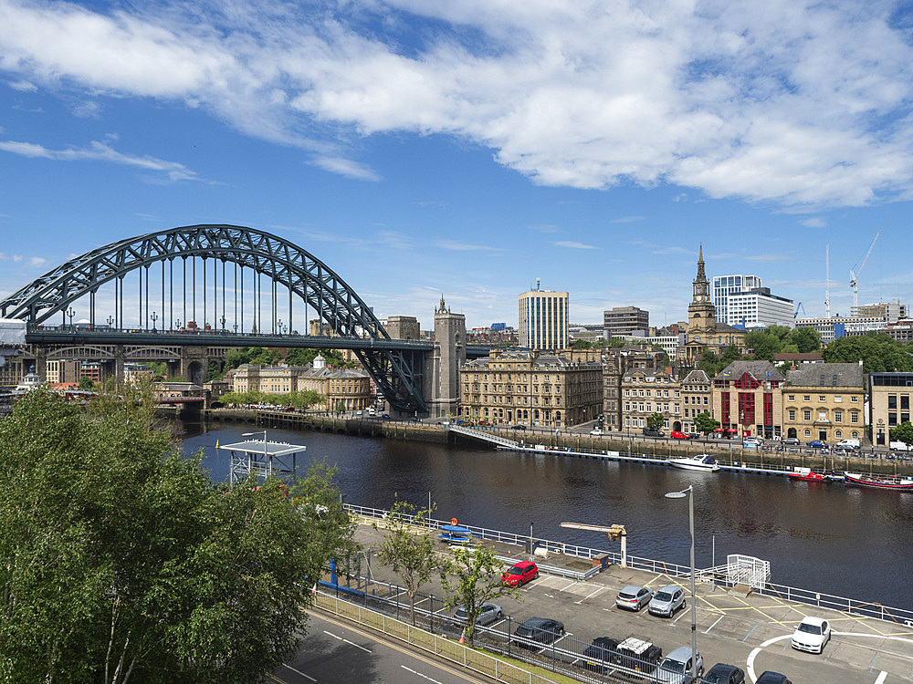 View from The Glasshouse of the Tyne Bridge and the quayside, Newcastle upon Tyne, Tyne and Wear, England, United Kingdom, Europe