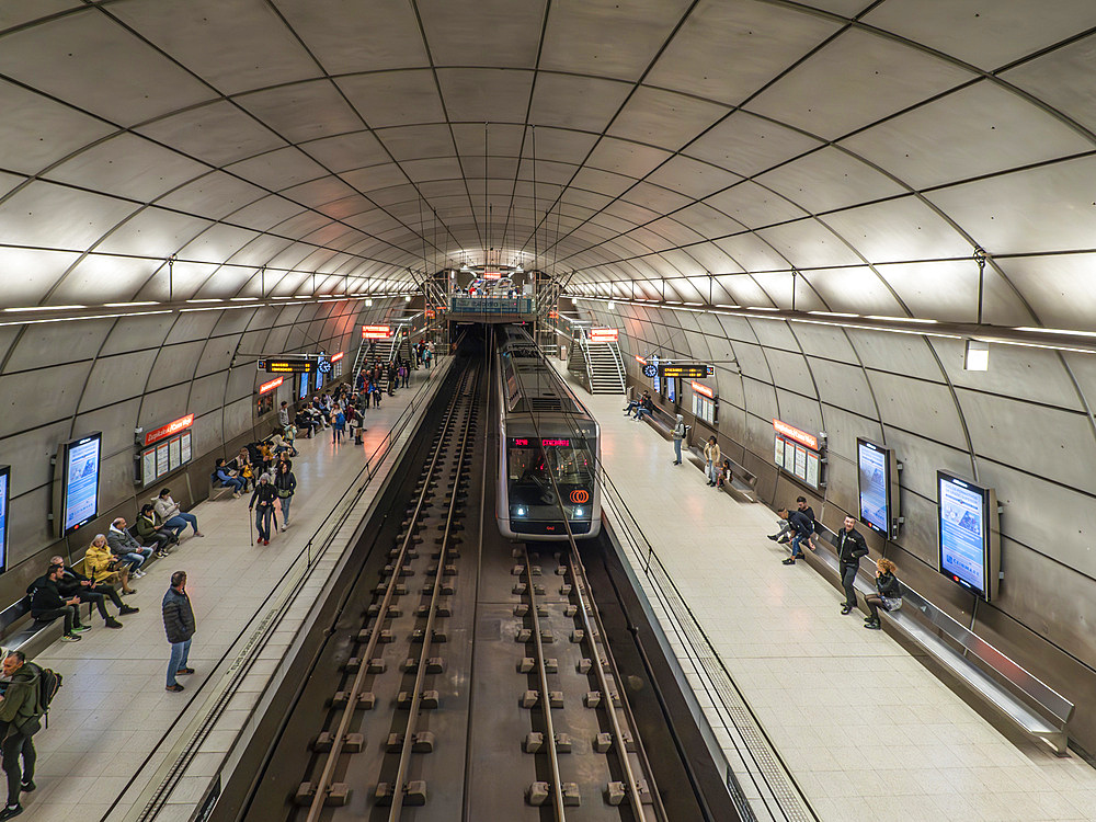 Underground train approaching Casco Viejo station, Metro Line 2 designed by Norman Foster, Bilbao, Basque Country, Spain, Europe