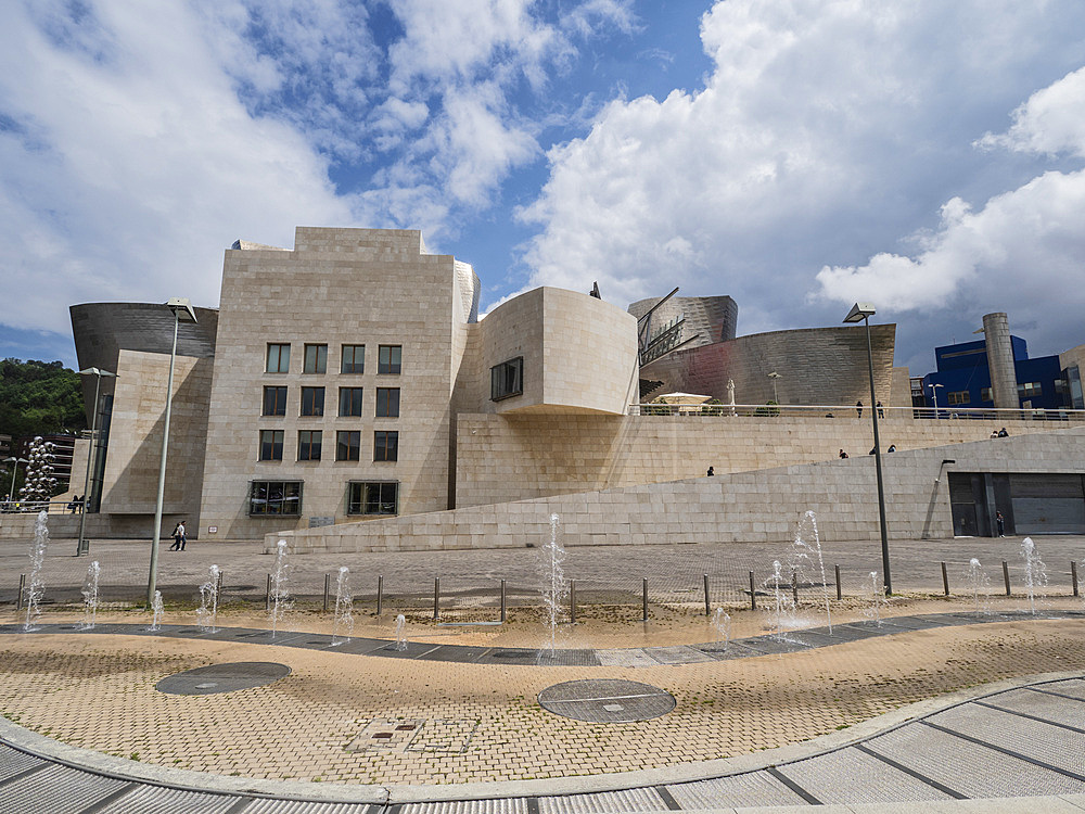 Fountains outside the Guggenheim Museum, Bilbao, Basque Country, Spain, Europe