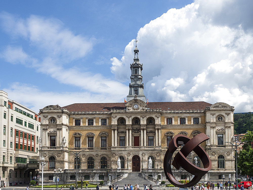 City Hall (Town Hall) and modern sculpture by Jorge de Oteiza, Bilbao, Basque Country, Spain, Europe