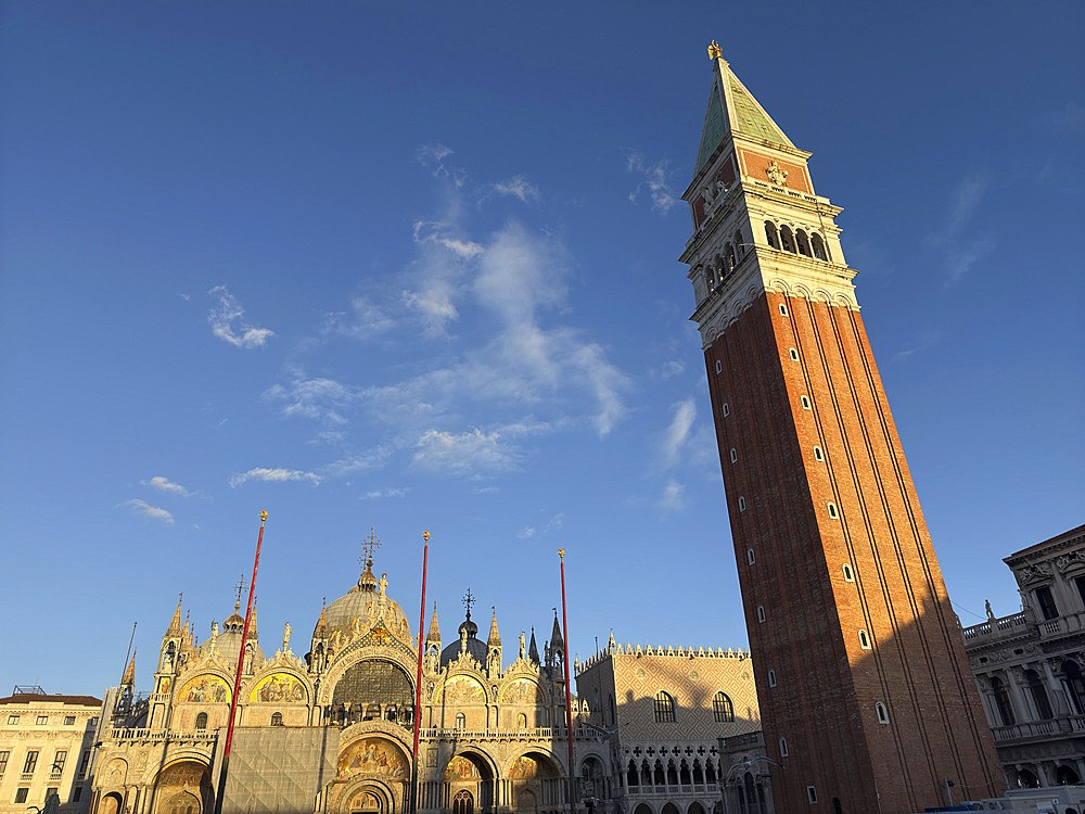 Evening light on the Campanile and Basilica, St Marks Square, Venice, Italy, Europe