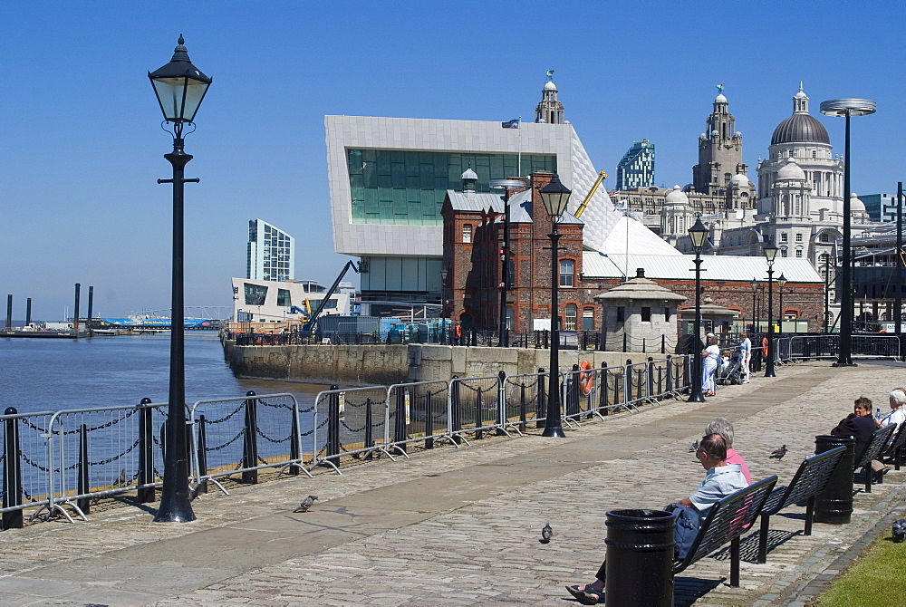 View from Albert Dock, towards the new Museum of Liverpool and the Three Graces, Liverpool, Merseyside, England, United Kingdom, Europe