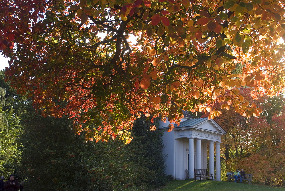 King William's Temple under autumn leaves, Kew Gardens, UNESCO World Heritage Site, Greater London, England, United Kingdom, Europe