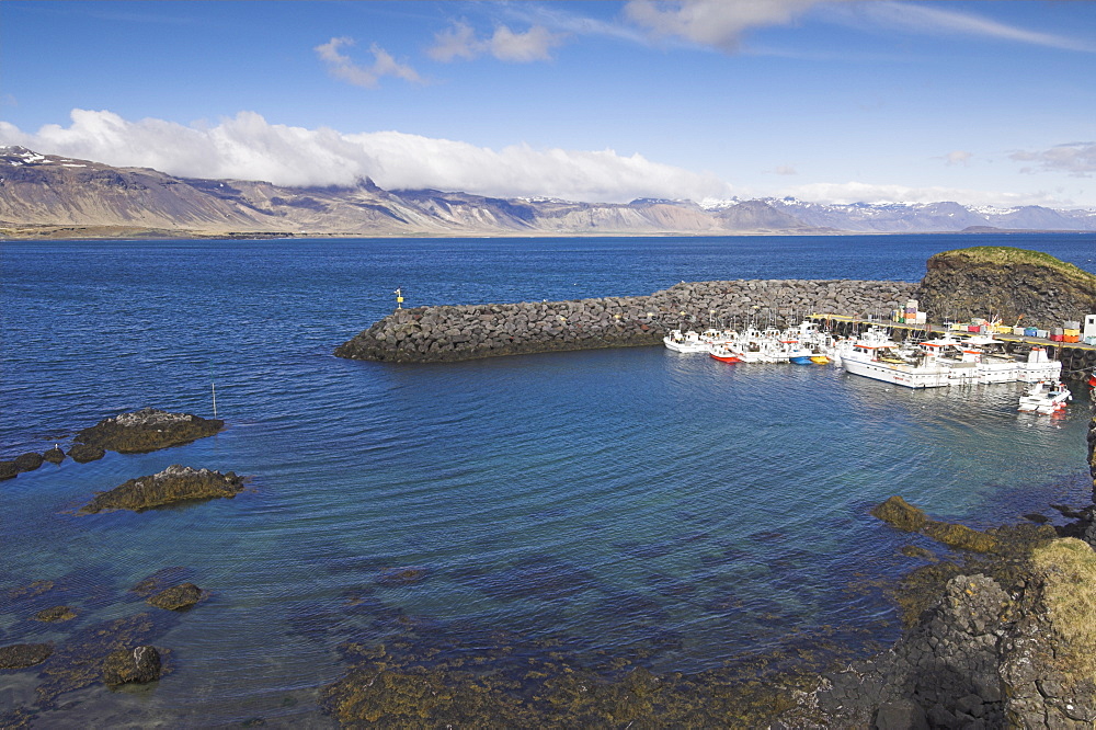 Small fishing boats and trawlers in Arnarstapi harbour, Snaefellsnes Peninsula, North West area, Iceland, Polar Regions