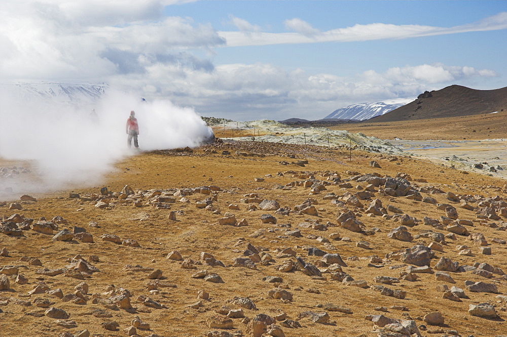 Tourists around the steam jets at Namaskard thermal area, Hverarond, near Lake Myvatn, North area, Iceland, Polar Regions