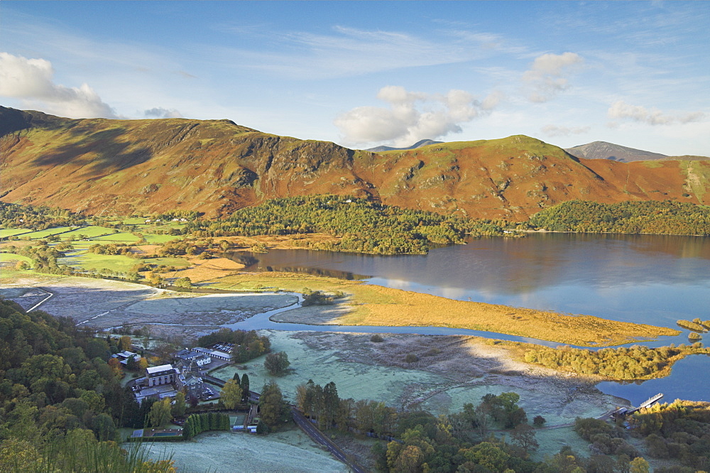 Frosty autumn morning in Borrowdale, Maiden Moor and Catbells from Surprise view above Lodore hotel and landing stage on Derwentwater, Lake District National Park, Cumbria, England, United Kingdom, Europe