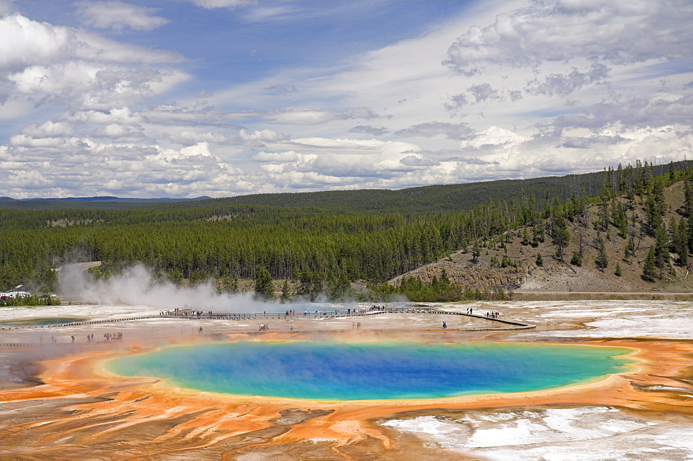 Tourists on the boardwalk around the Grand Prismatic Spring, Midway Geyser Basin, Yellowstone National Park, UNESCO World Heritage Site, Wyoming, United States of America, North America