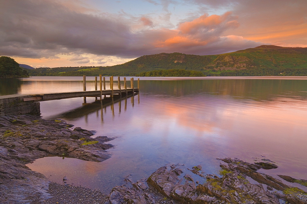 Sunset, Hawes End landing stage jetty, Derwent Water, Lake District, Cumbria, England, United Kingdom, Europe