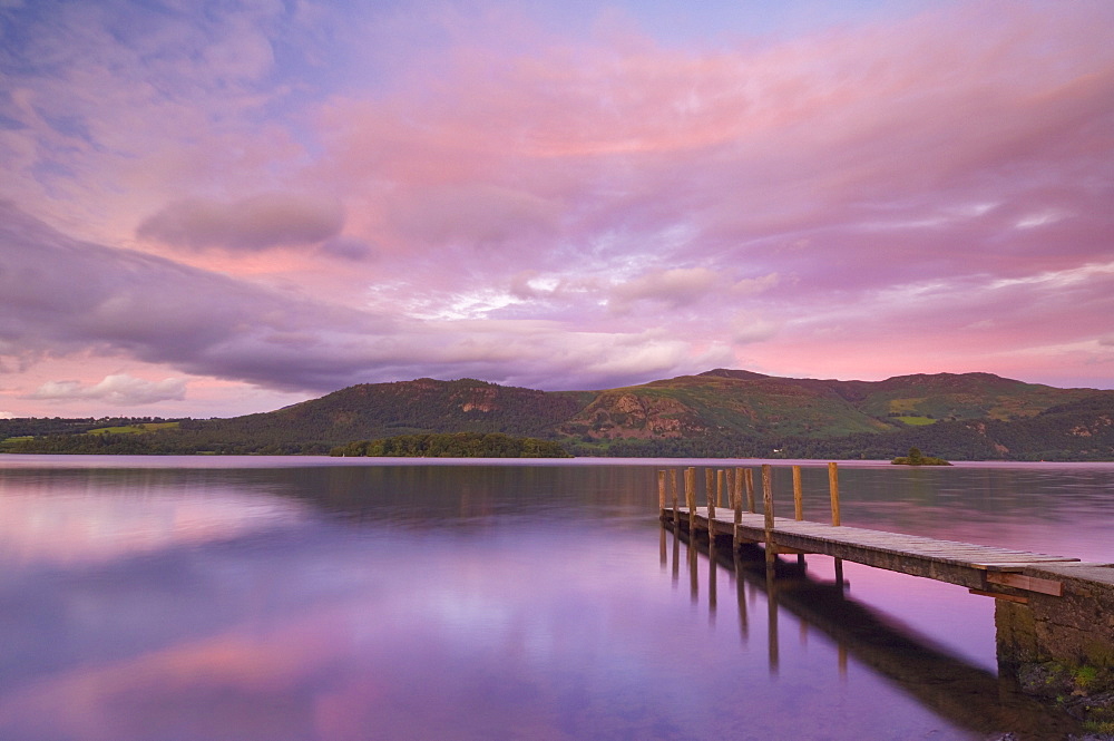 Sunset, Hawes End landing stage jetty, Derwent Water, Lake District, Cumbria, England, United Kingdom, Europe