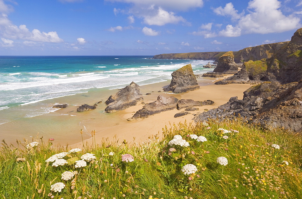 Rock stacks, beach and rugged coastline at Bedruthan Steps, North Cornwall, England, United Kingdom, Europe