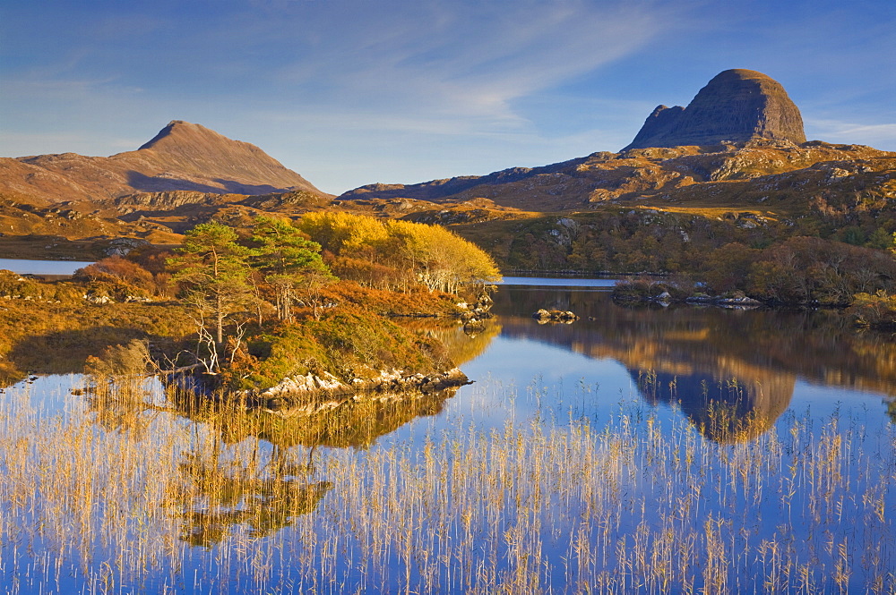 Two mountains of Suilven and Canisp from Loch Druim Suardalain, Sutherland, North west Scotland, United Kingdom, Europe