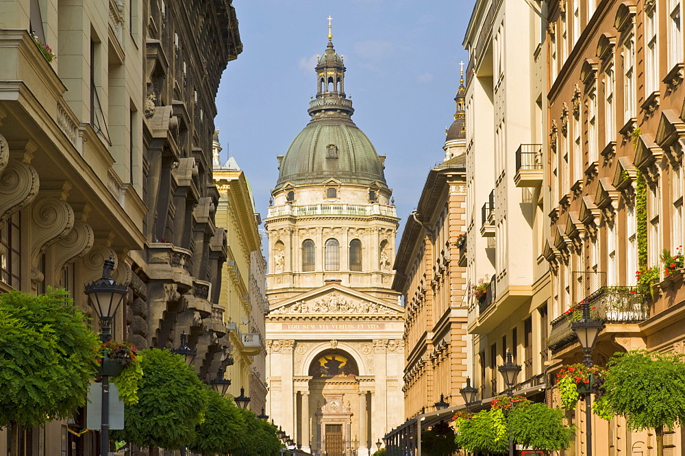 The neo-renaissance dome of St. Stephen's Basilica, shops and buildings of the Zrinyi Utca, central Budapest, Hungary, Europe