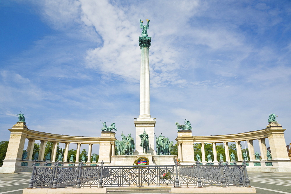 The Millennium monument, with archangel Gabriel on top, Heroes Square (Hosok tere), Budapest, Hungary, Europe