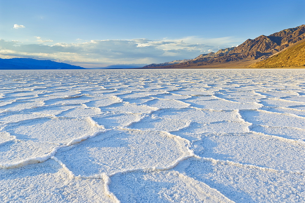 Salt pan polygons at Badwater Basin, 282ft below sea level and the lowest place in North America, Death Valley National Park, California, United States of America, North America