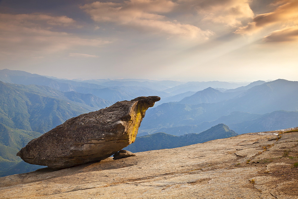 Hanging rock, overlooking the Sequoia foothills at sunset, Tulare County, Sequoia National Park, Sierra Nevada, California, United States of America, North America