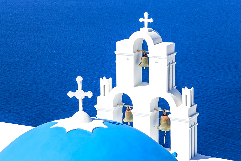 Blue dome and bell tower, St. Gerasimos church, Firostefani, Fira, Santorini (Thira), Cyclades Islands, Greek Islands, Greece, Europe