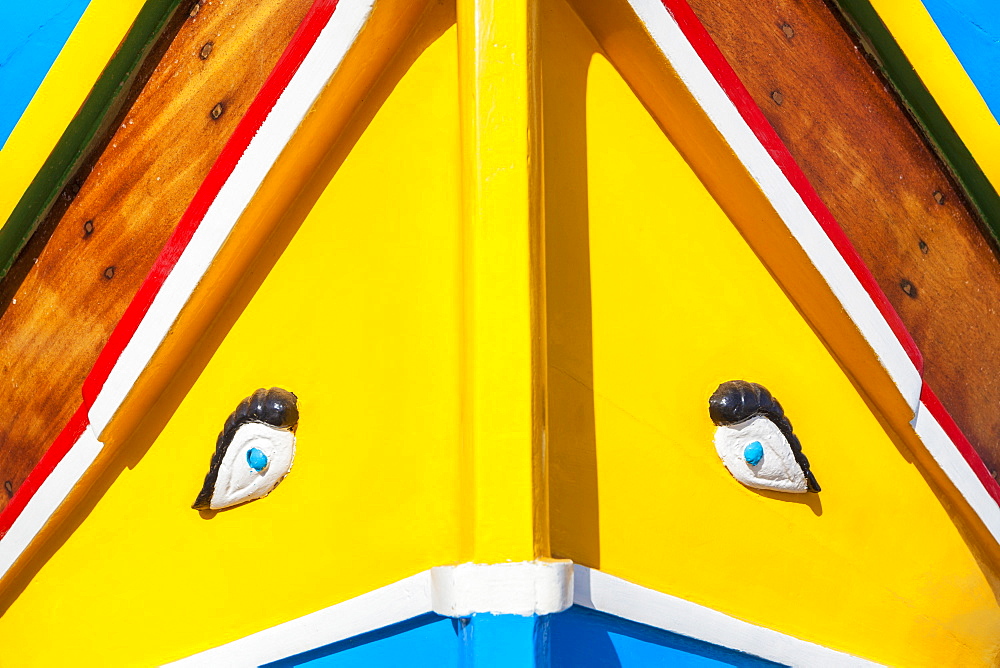 Eye of Horus painted on traditional Malta fishing boat, Marsaxlokk, Malta, Mediterranean, Europe