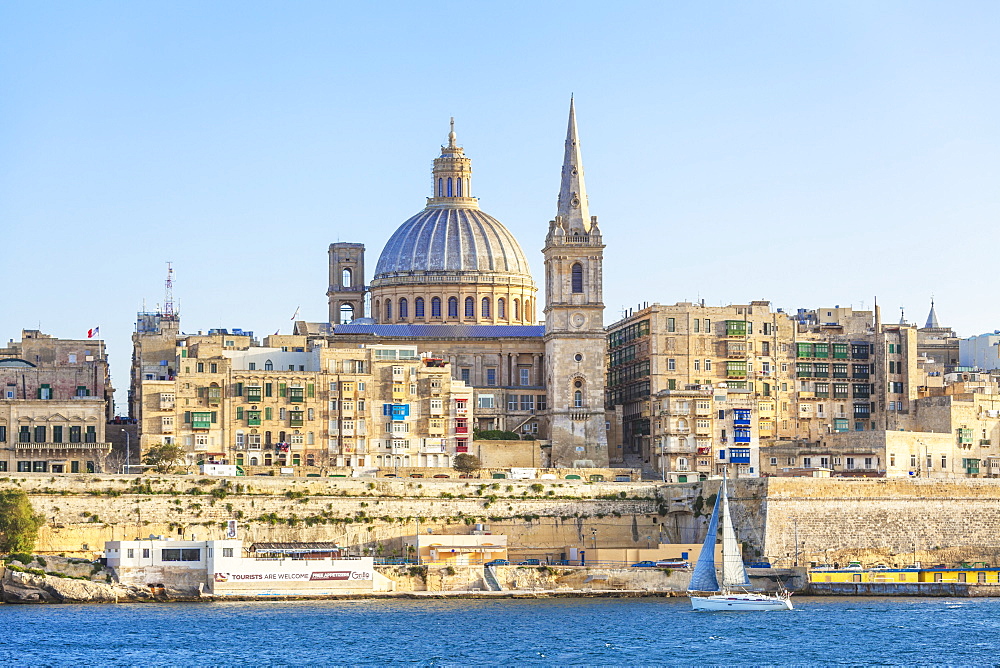 Valletta skyline with the dome of the Carmelite Church and St. Pauls Anglican Cathedral, Valletta, Malta, Mediterranean, Europe