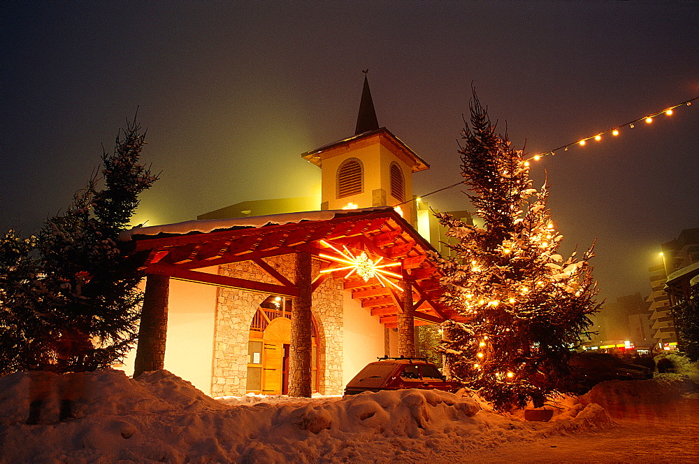 France, Alps, Savoie, Val Thorens In Winter, The Illuminated Church At Night