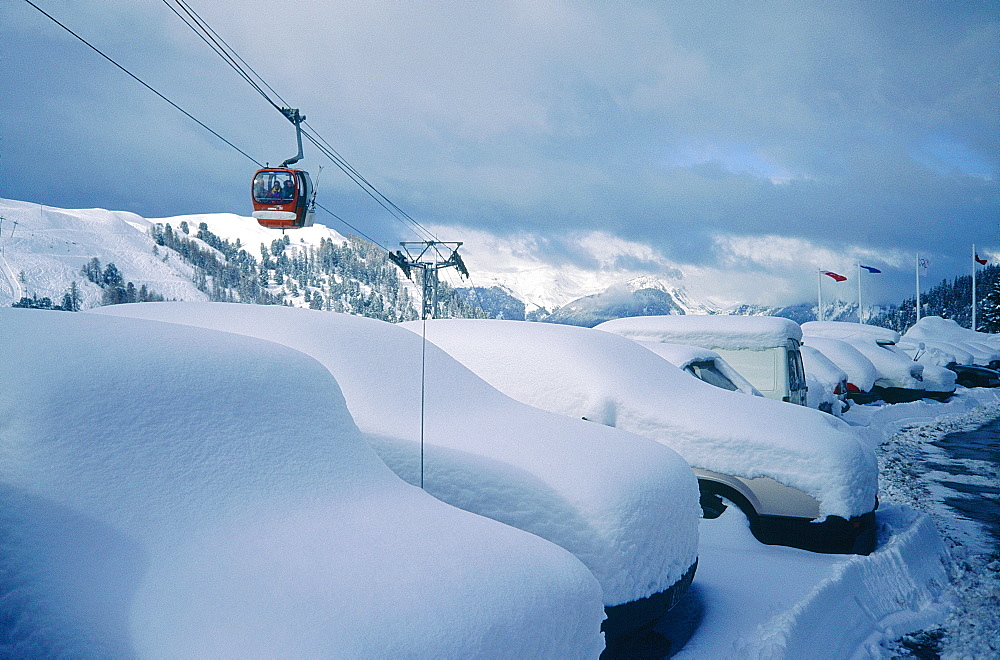 France, Alps, Savoie, La Plagne In Winter, Ski Cars Covered With Snow & Cable-Car