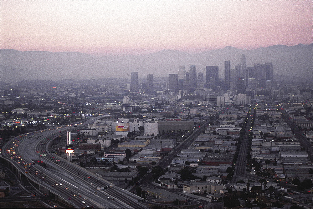 Usa, Ca, Los Angeles, Downtown At Dusk, Aerial