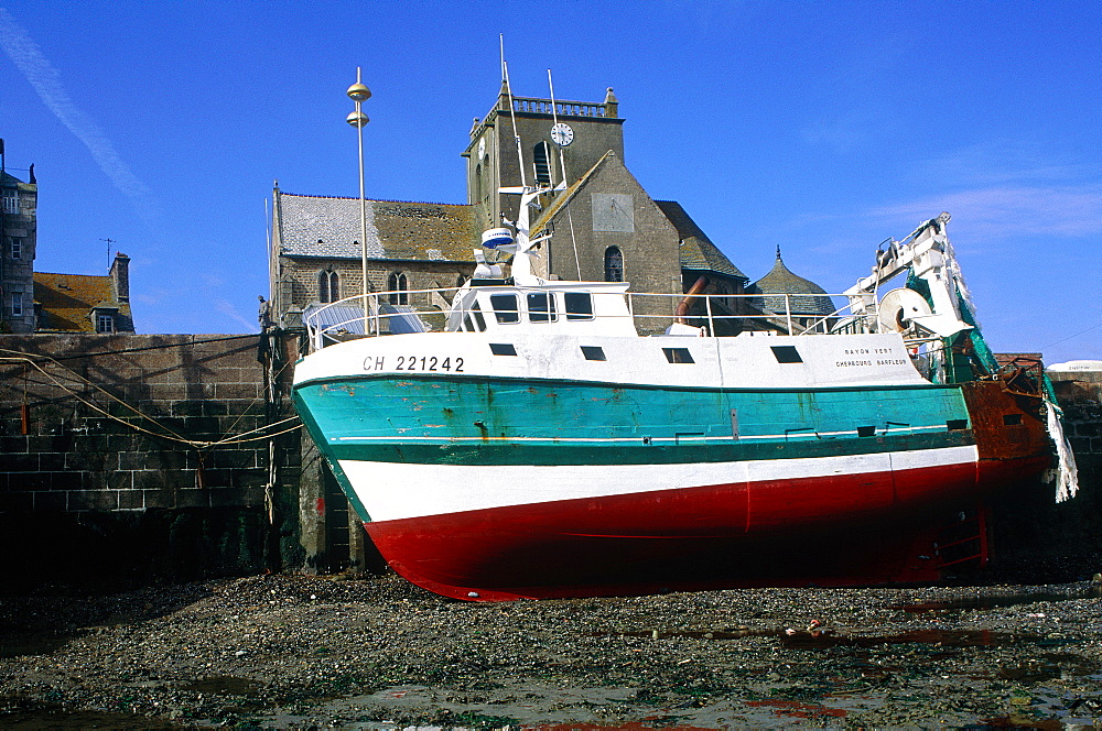 France, Normandy, Manche (50), Small Harbour Of Barfleur At Low Tide, Church And Trawler