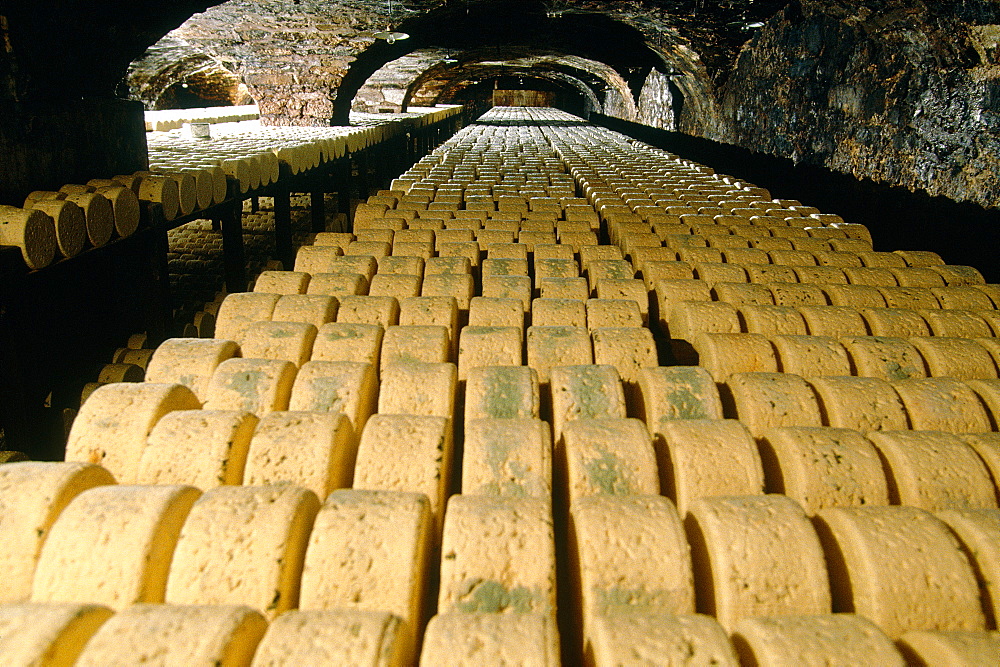 France, Midipyrenees, Aveyron (12), Roquefort, Maturing Roquefort Cheeses In Vaulted Cellars