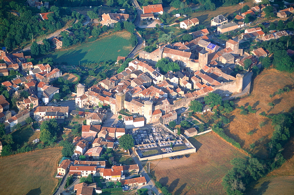 France, Midipyrenees, Aveyron (12), Roquefort Region, Aerial Of Fortified Templar Village Of Sainteeulalie