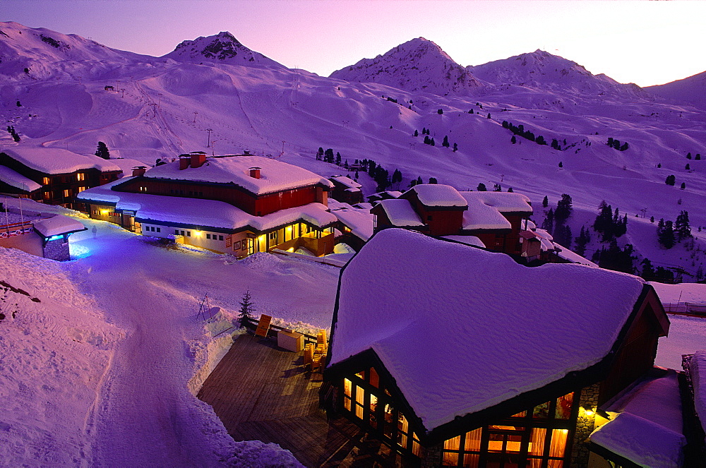 France, Alps, Savoie, La Plagne, The Ski Resort At Dusk