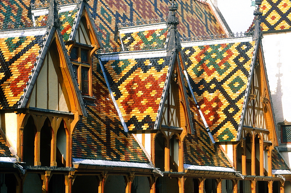 France, Burgondy, Cty Of Beaune, The Medieval Hospital With Varnished Tiles Roof And Attic Windows