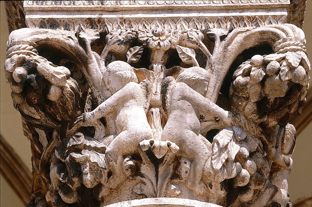 Croatia, Dalmatia, Dalmatian Coast, Fortified City Of Dubrovnik, Rector's Palace, Close Up Of A Stone Capital Column