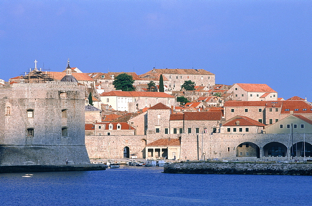 Croatia, Dalmatia, Dalmatian Coast, Fortified City Of Dubrovnik, The Old City And Harbour, St Johns Fortress On Leftside