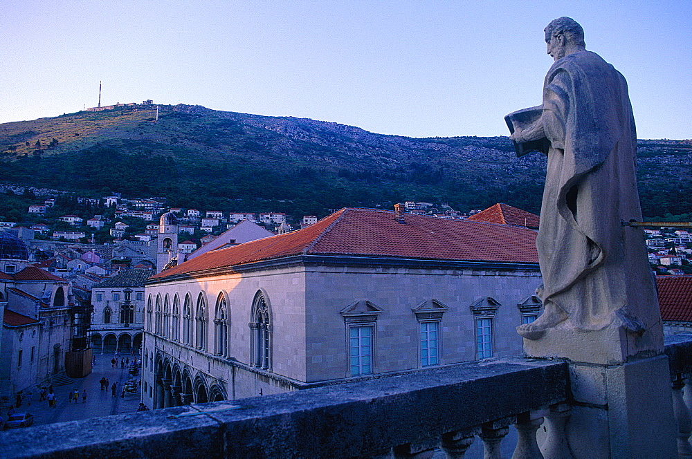 Croatia, Dalmatia, Dalmatian Coast, Fortified City Of Dubrovnik, The Cathedral Roof At Sunset, The Duke 'S Palace & Spoza Palace At Rear, Statue Of Saint Blaise At Fore, 