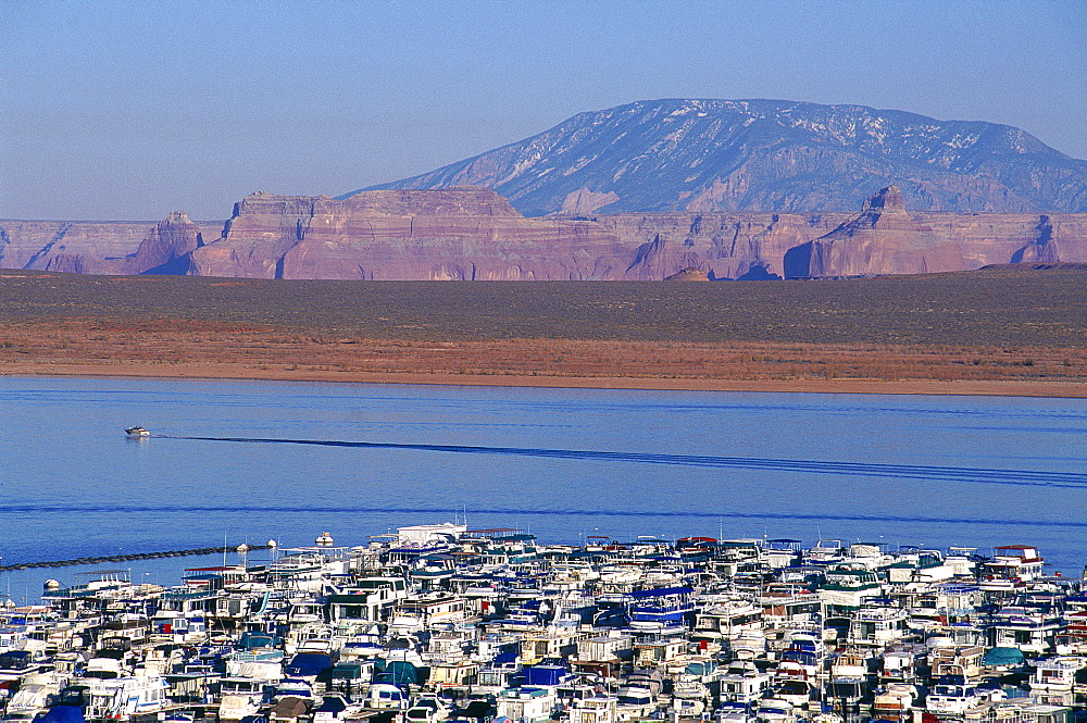 Usa, South West, Utah, Lake Powel, Elevated View On The Lake And Mountains, House Boats To Rent At Fore