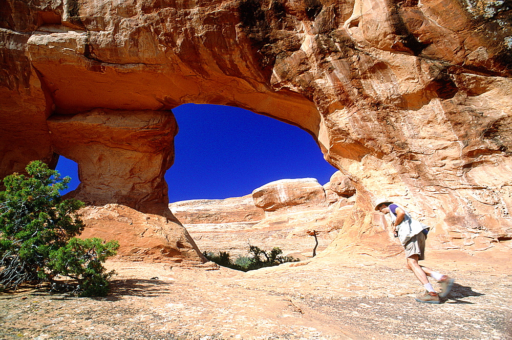 Usa, South West, Utah, Arches National Park, Hiker Passing Through An Arch