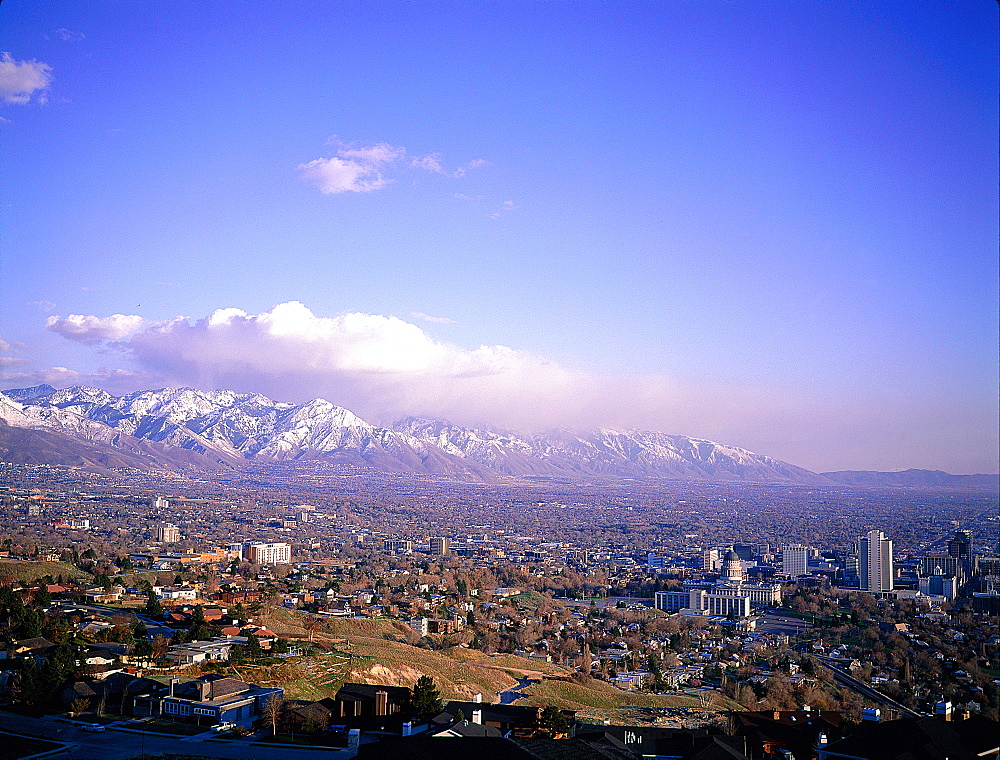 Usa, South West, Utah, Salt Lake City, Overview Of The City From A Hill In Winter